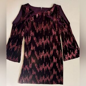 Jessica Howard Burgundy Sequin Velvet Cold Shoulder Bell Sleeve  Dress